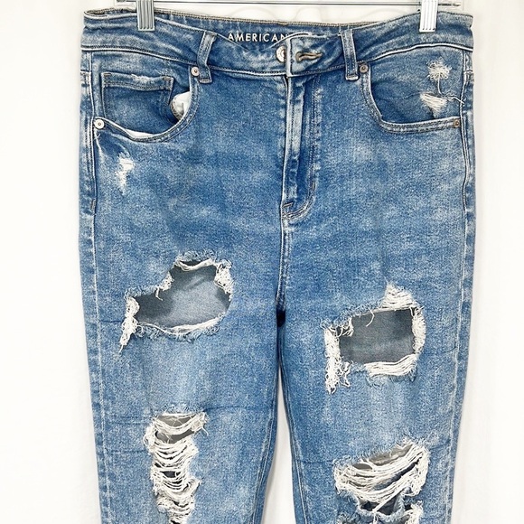 American Eagle Stretch Destroyed Ankle Mom Jeans 10 Long Acid Wash 90s - Picture 6 of 16